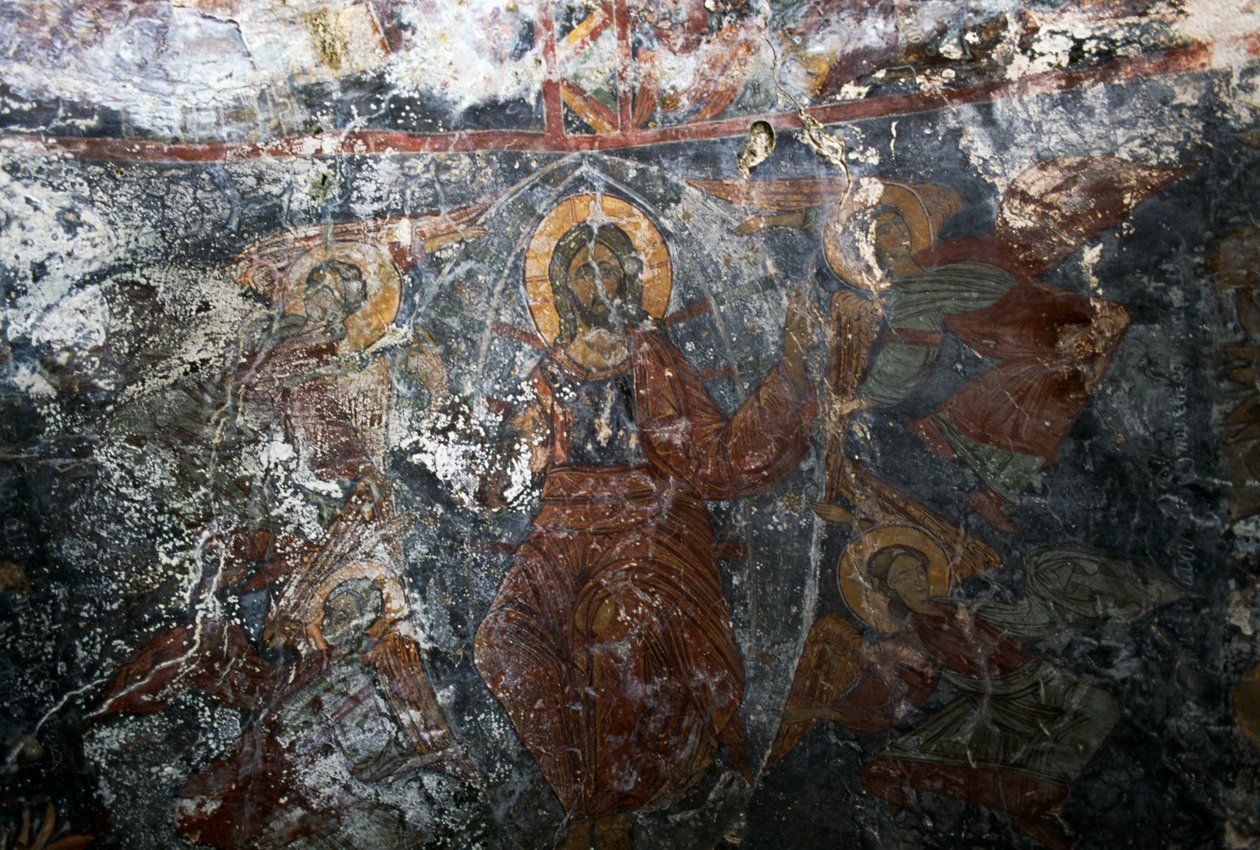 Christus mit Engeln und Heiliger, Fresko in der Kirche Panagia, Kitiros, Kreta, Griechenland (Foto) von Theodore Charles Ange Coquelin