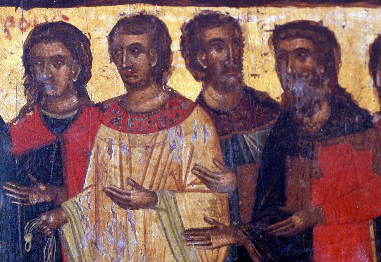 Männliche Figuren, Holztafel in der byzantinischen Kirche von Palea Roumata, Kreta, Griechenland (Foto) von Theodore Charles Ange Coquelin