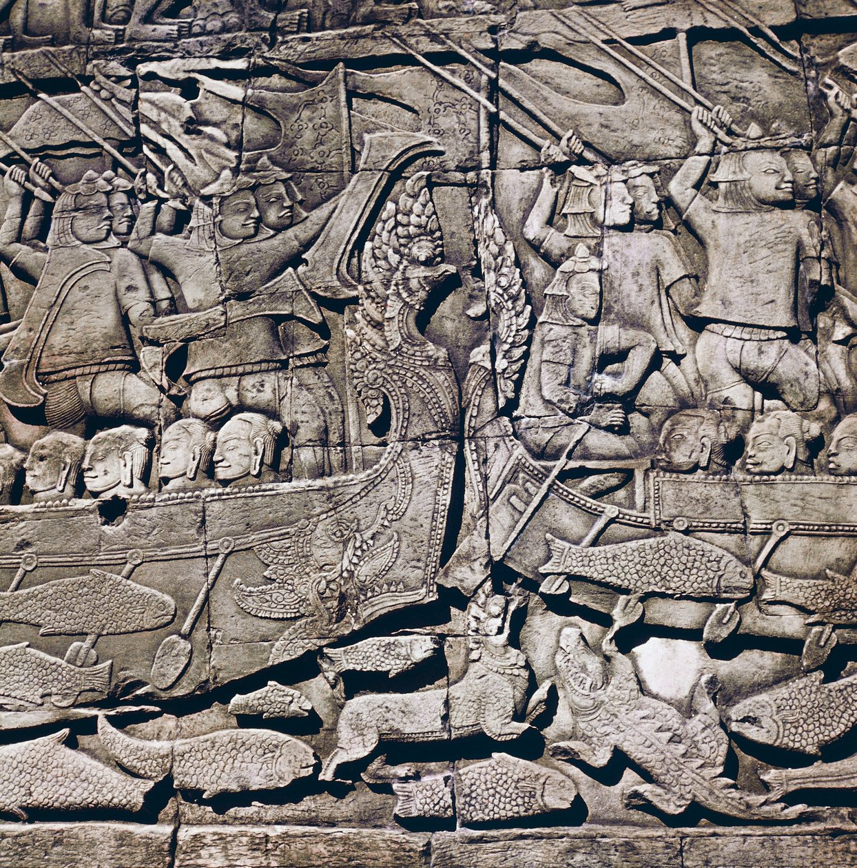 Seeschlacht zwischen Cham und Khmer, Detail eines Basreliefs des Bayon-Tempels (13. Jahrhundert), Angkor Thom, Angkor-Archäologiestätte (UNESCO-Welterbeliste) von Theodore Charles Ange Coquelin