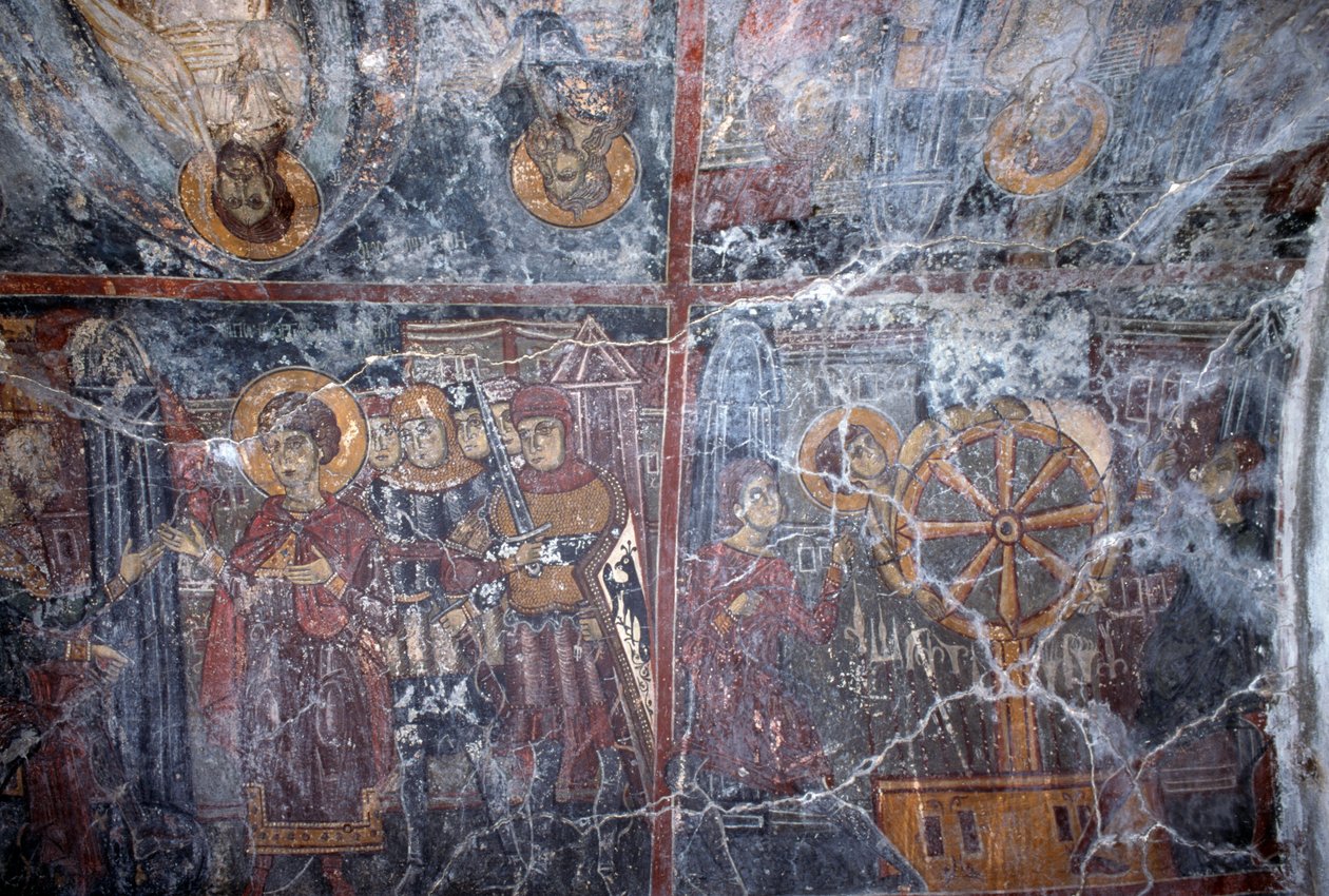 Religiöses Fresko, von Ioannis Pagomenos, Fresko in der byzantinischen Kirche St. Georg, Anidri, Kreta, Griechenland (Foto) von Theodore Charles Ange Coquelin