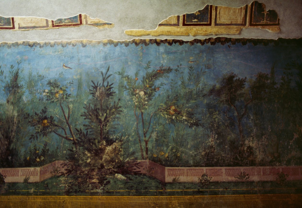 Fresko, das einen Garten mit Bäumen und Vögeln darstellt, aus dem Haus der Livia auf dem Palatin, Rom, Italien. Römische Zivilisation von Unbekannt Unbekannt