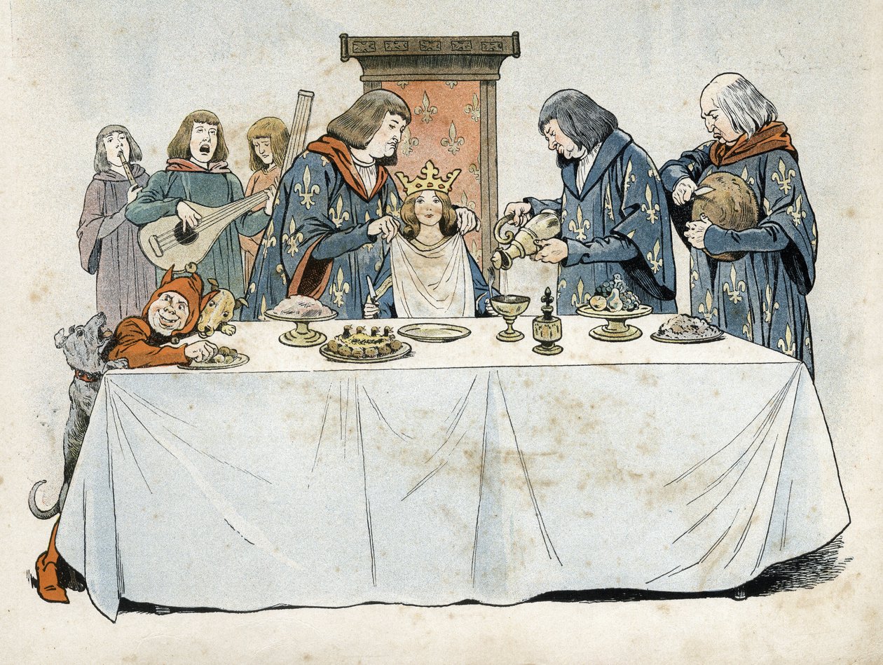 Ein kleines Mädchen mit Krone sitzt an einem Banketttisch auf einem Thron. Ein großer Diener schenkt ihr ein Getränk ein, ein großer Korbmacher schneidet Brot und ein großer Kammerdiener bindet ihr ein Handtuch um den Hals. Troubadoure und ein Zwerg unterh von pseudonym for Onfray de Breville Jacques Job