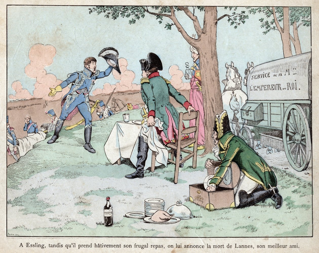 Schlacht von Aspern Essling - Napoleon erhält die Nachricht vom Tod von Marschall Lannes 1809 - Lithographie von Job (Jacques Onfroy de Breville) aus Le Grand Napoleon des Petites Enfants von pseudonym for Onfray de Breville Jacques Job