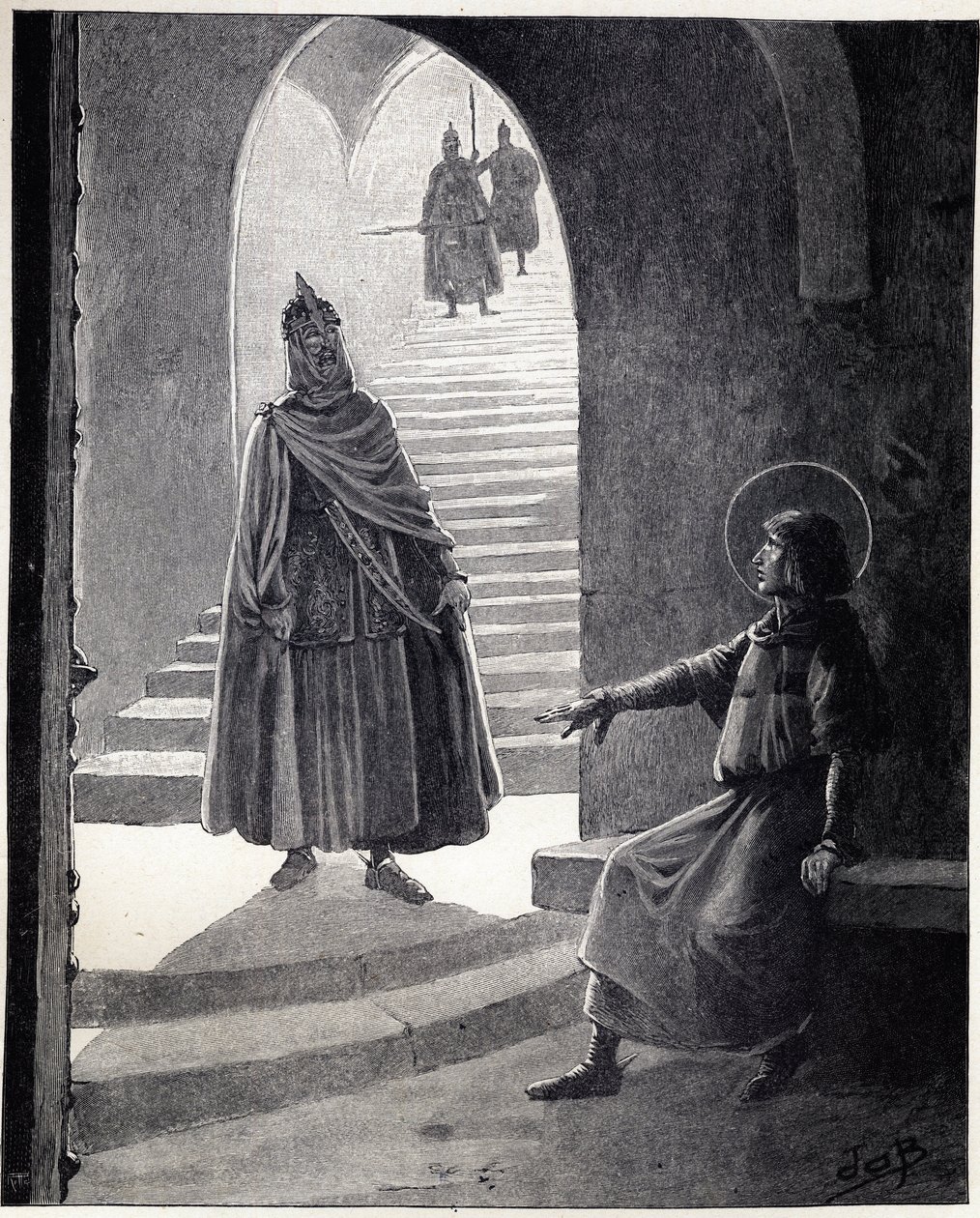 Sei ein Christ, ich werde dich zum Ritter machen - die Worte von Ludwig IX., genannt Saint Louis (1214-1270), zu einem Häuptling, der das Gefängnis betrat, um sich zum Ritter zu machen. Illustration von Job (Jacques Marie Gaston Onfray und Breville) von pseudonym for Onfray de Breville Jacques Job