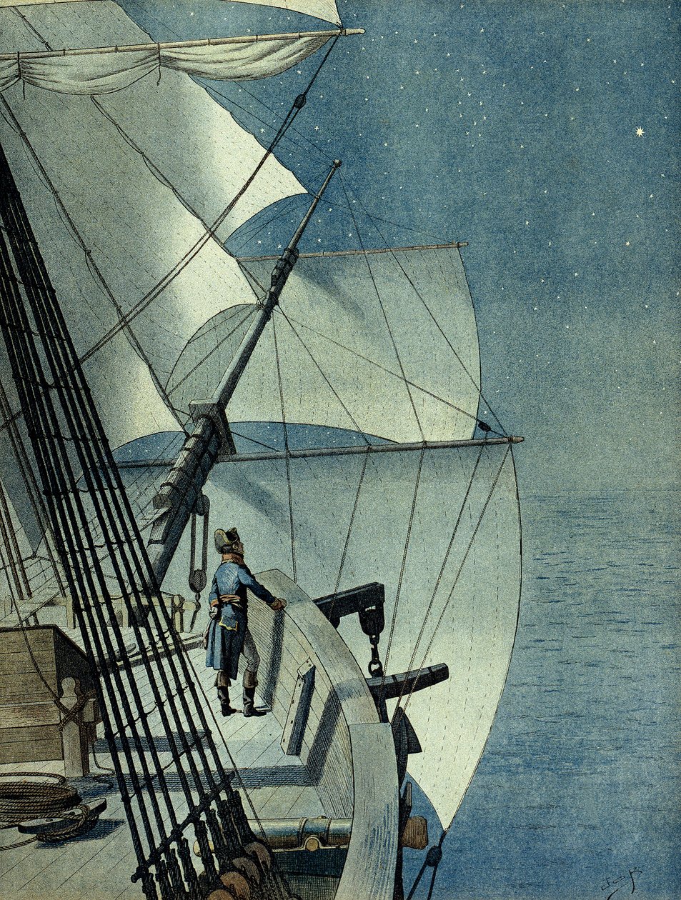 Kampagne (Expedition) von Ägypten (1798-1801): Rückkehr von Alexandria nach Ägypten an Bord der Fregatte „La Muiron“, Napoleon I. Bonaparte (1769-1821) allein auf dem Deck des Schiffes betrachtet das Mittelmeer bei Nacht von pseudonym for Onfray de Breville Jacques Job