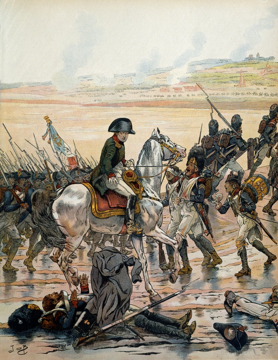 Österreichfeldzug (1805): In Elchingen erkennt Napoleon I. Bonaparte (1769-1821) auf dem Schlachtfeld einen Grenadier aus der Armee von Ägypten, der auf dem Rücken liegt, dem Regen ausgesetzt ist und weiterhin seinen Kameraden zuruft „vorwärts“. In „Napole von pseudonym for Onfray de Breville Jacques Job