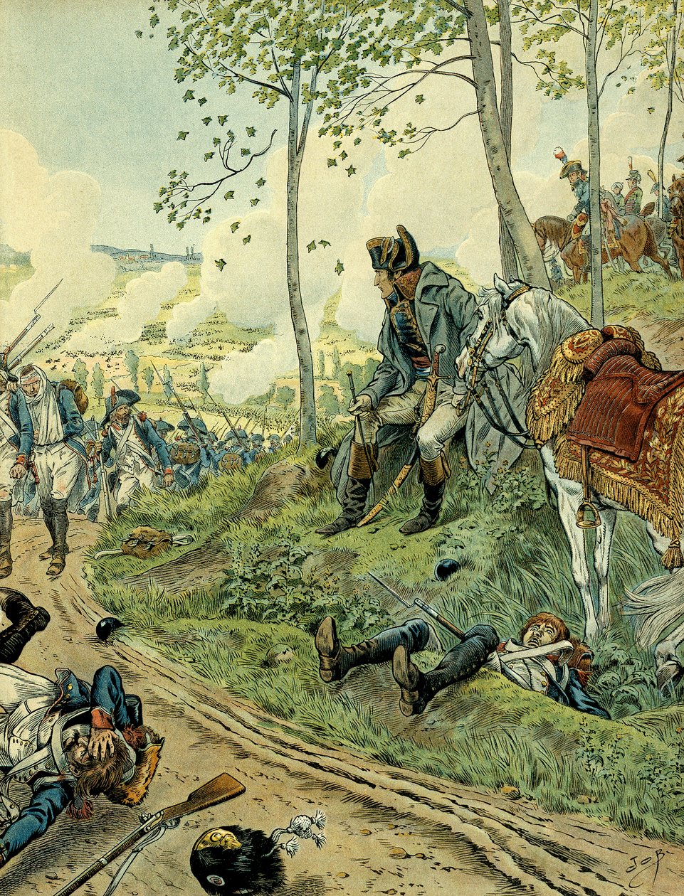 Italienfeldzug (1799-1800): Napoleon I. Bonaparte (1769-1821) in der Schlacht von Marengo am 14. Juni 1800 in Piemont (Italien), die die napoleonischen und österreichischen Armeen gegenüberstellt. Illustration von Jacques Marie Gaston Onfray de Breville, g von pseudonym for Onfray de Breville Jacques Job