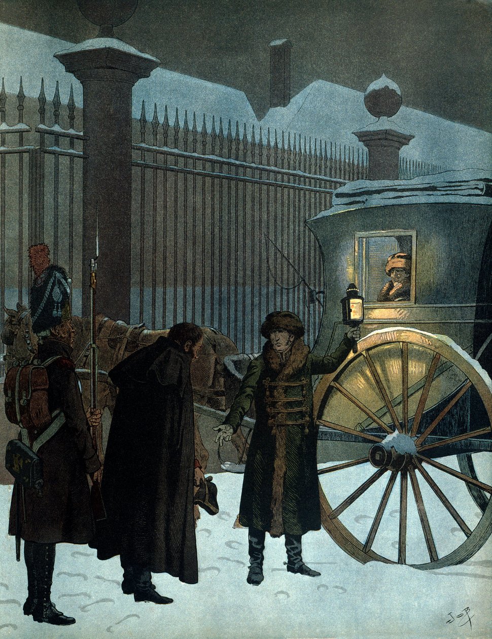 Niederlage der russischen Kampagne und Rückkehr nach Paris: Napoleon I. Bonaparte (1769-1821) in einer Sänfte, angekommen in den Tuilerien am 18. Dezember 1812 um 23 Uhr nach dem russischen Rückzug. In „Napoleon“ von Georges Montorgueil. Illustration von J von pseudonym for Onfray de Breville Jacques Job