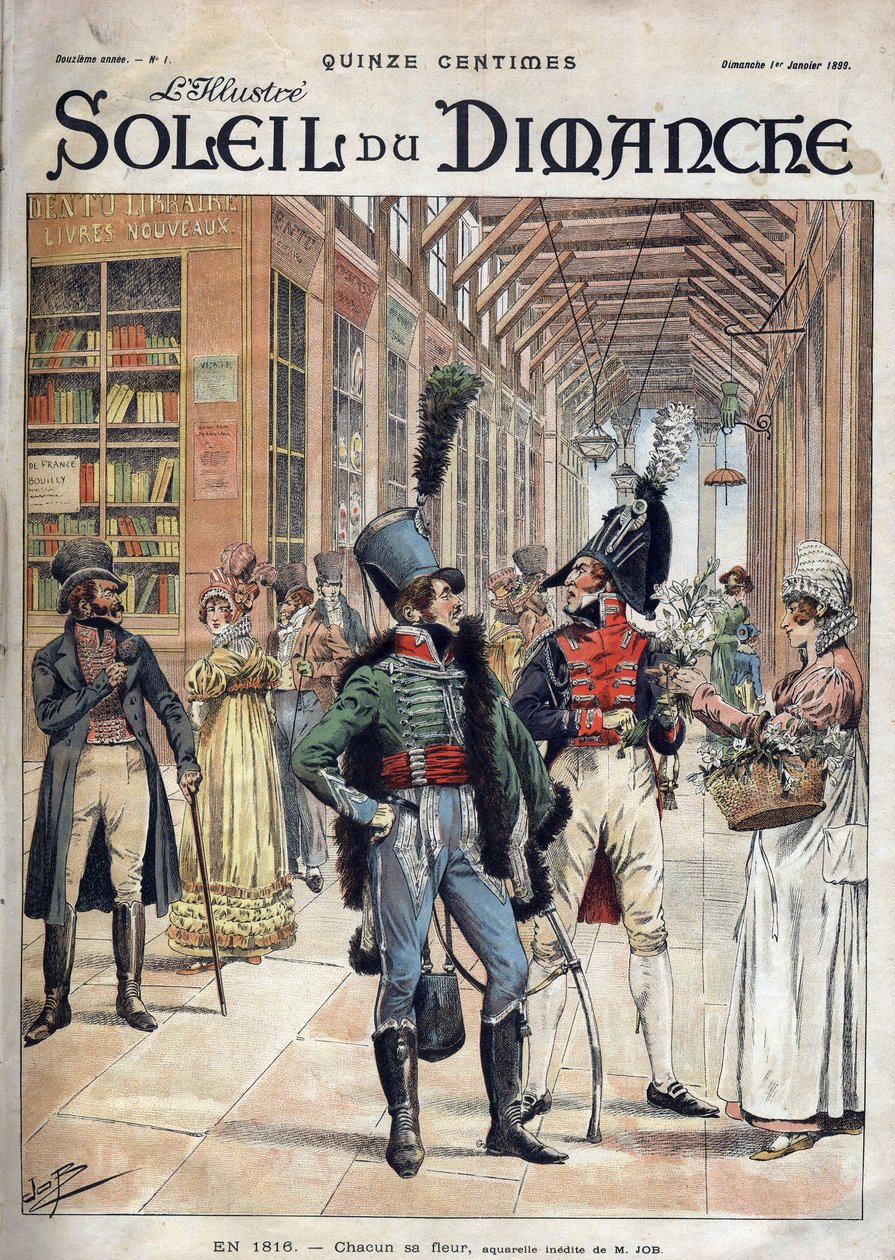 Jeder seine eigene Blume. Ein Soldat kaufte Blumen von einer Verkäuferin in einer überdachten Galerie in Paris im Jahr 1816. Nach einem Aquarell von Herrn Job. Gravur in „Le sun-du-dimanche“, 1. Januar 1899. von pseudonym for Onfray de Breville Jacques Job