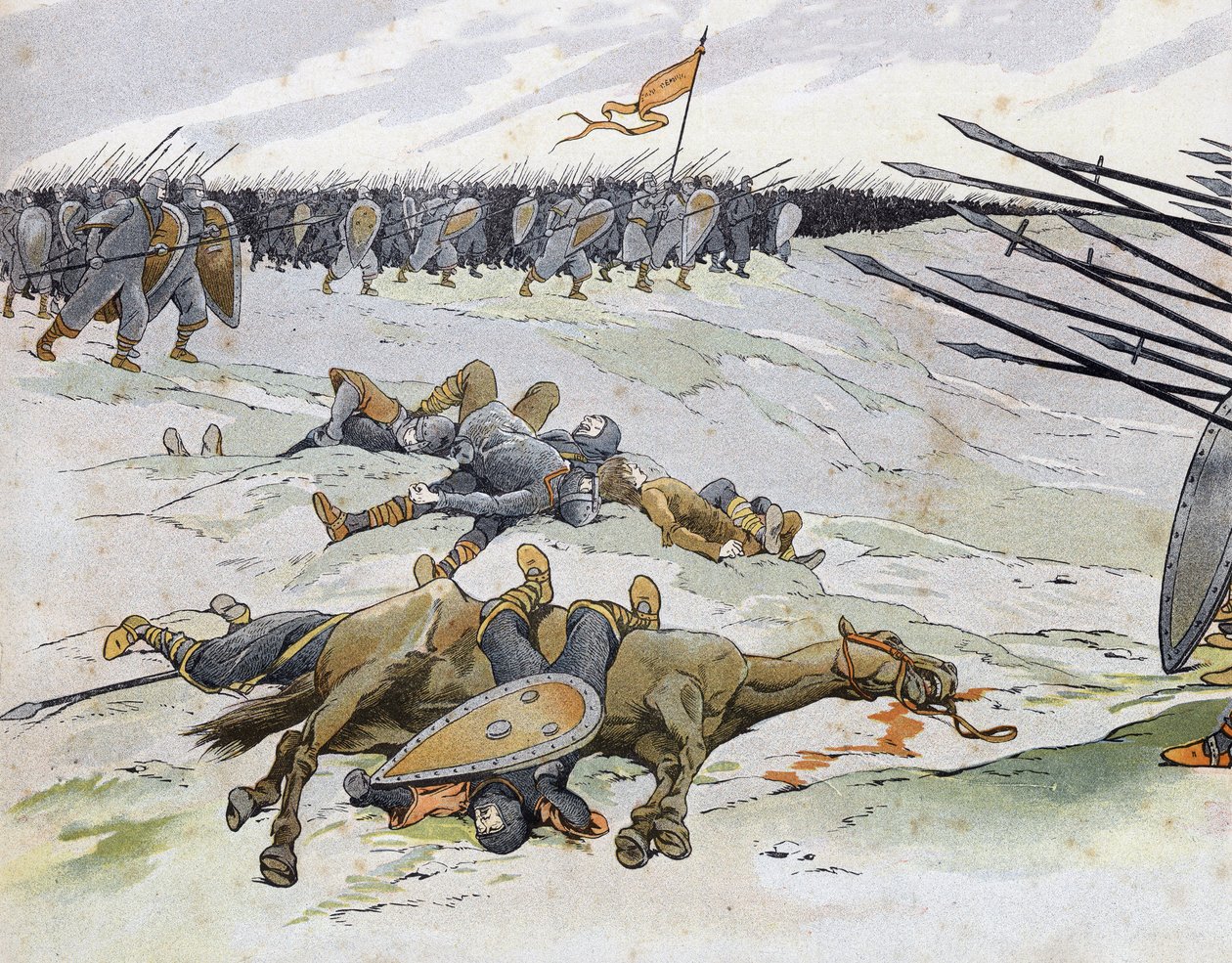 Französisch-Englischer Krieg (1202-1214): Gefallene Soldaten in der Schlacht von Bouvines am 27.07.1214, die die französische Armee von Philippe Auguste gegen die Flamen und Welfen von Othon IV. stellte. In „Frankreich, seine Geschichte erzählt von G. Mont von pseudonym for Onfray de Breville Jacques Job