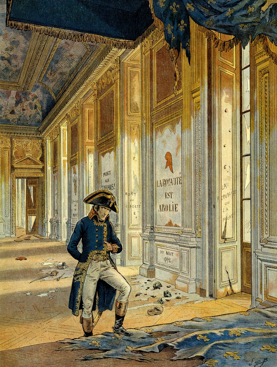 Französische Revolution von 1789: Napoleon I. Bonaparte (1769-1821) im Thronsaal des Tuilerienpalastes nach dem Durchzug der Revolutionäre, die den Ort verwüsteten (Illustration) von pseudonym for Onfray de Breville Jacques Job