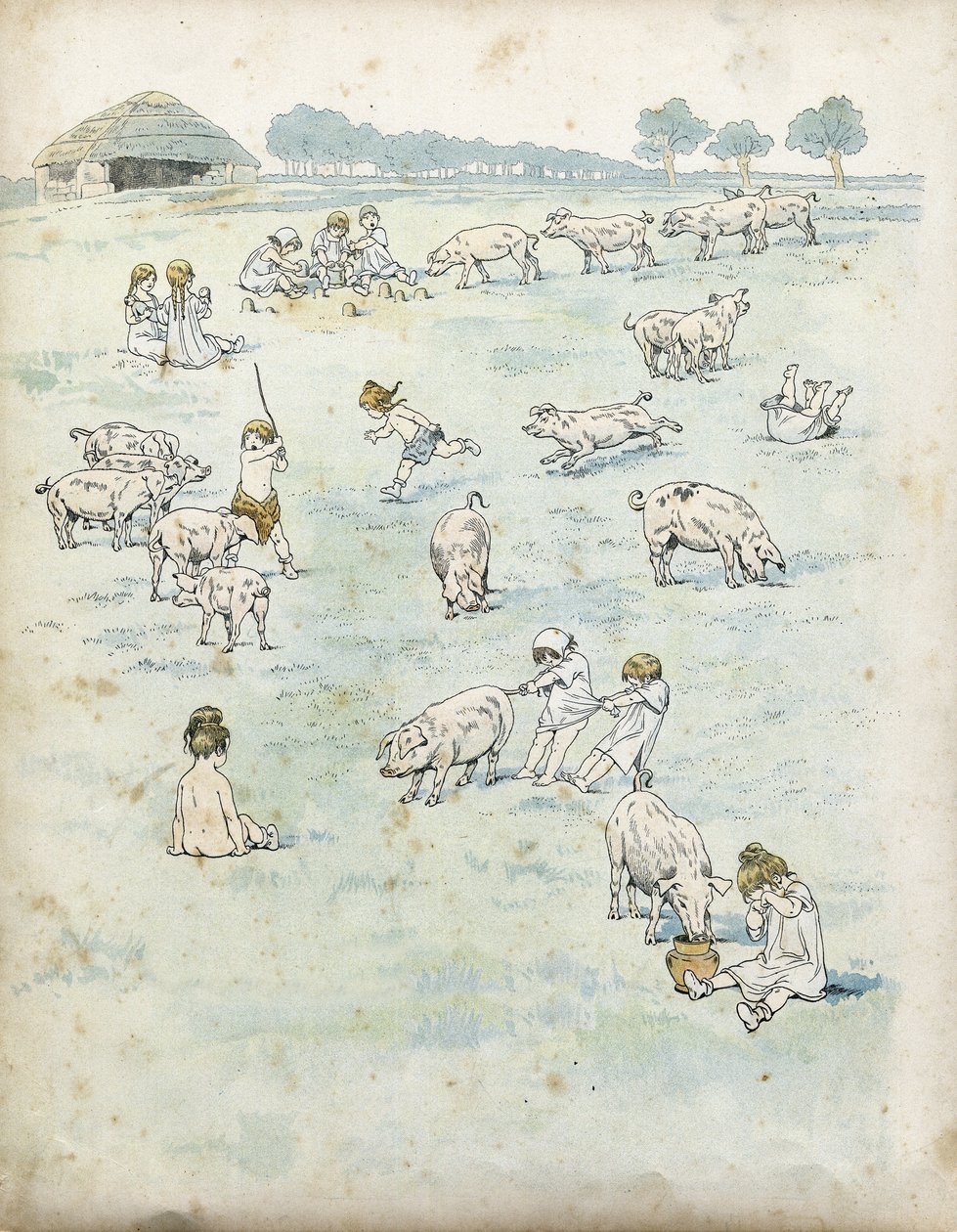 Gallische Kinder spielen mit Schweinen auf einem Feld. in „France, his story told by G. Montorgueil, imagee by Job“ 1896. Private Sammlung von pseudonym for Onfray de Breville Jacques Job