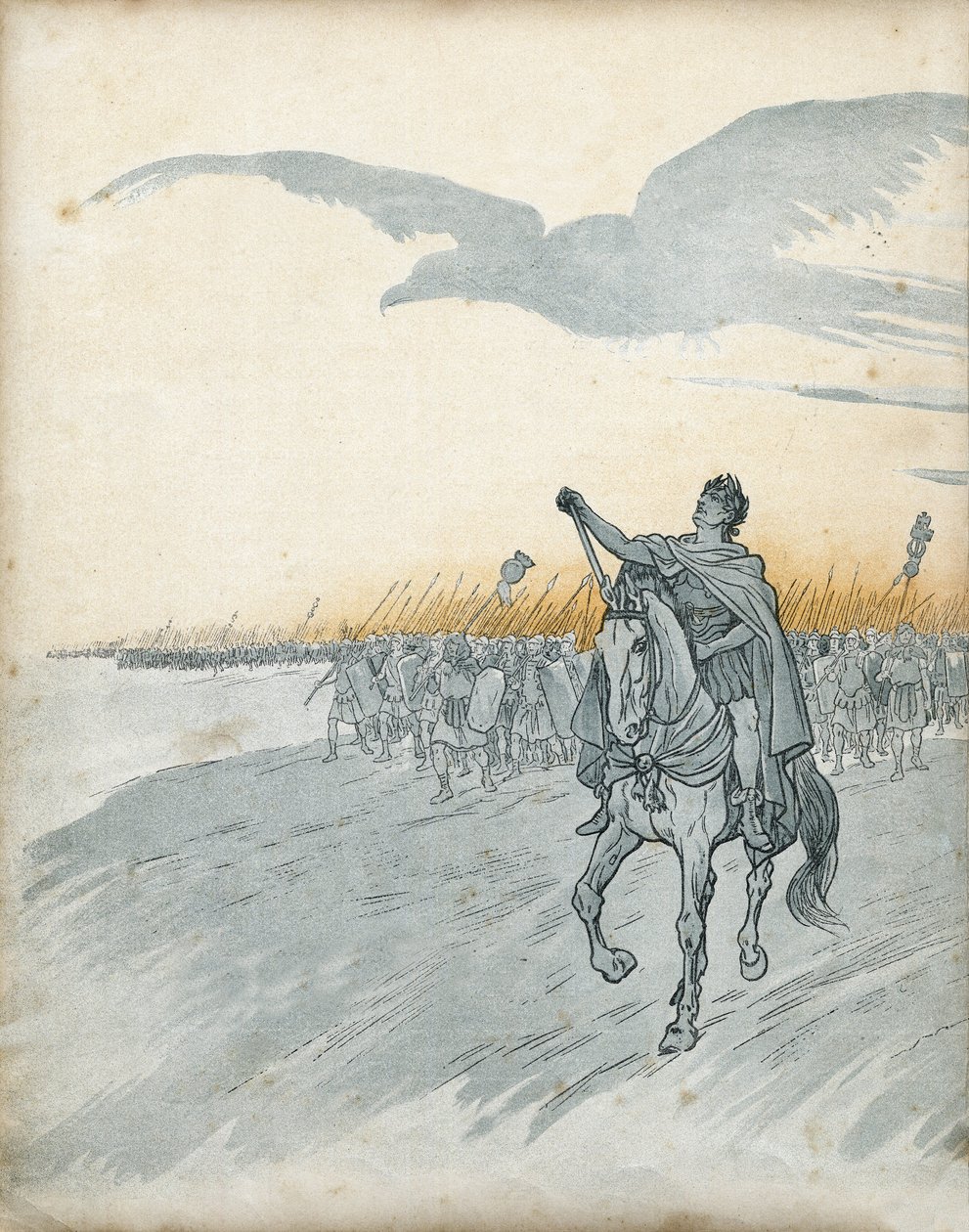 Gallischer Krieg: Gaius Julius Caesar (100-44 v. Chr.) und seine Armee dringen in Gallien ein. Der Schatten eines Adlers, Symbol des Römischen Reiches, erscheint am Himmel. In „Frankreich, seine Geschichte erzählt von G. Montorgueil, illustriert von Job“ 1 von pseudonym for Onfray de Breville Jacques Job