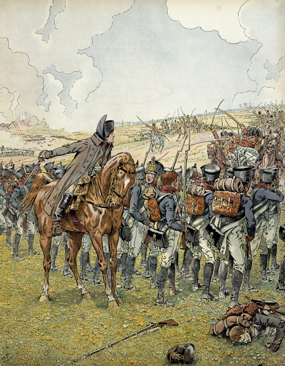 Deutscher Feldzug 1813: Napoleon I. Bonaparte (1769-1821) bei der Schlacht von Lützen am 2. Mai 1813 kommandierte seine Armee vor dem Sieg. In „Napoleon“ von Georges Montorgueil. Illustration von Jacques Marie Gaston Onfray de Breville dit JOB (1858-1931) von pseudonym for Onfray de Breville Jacques Job