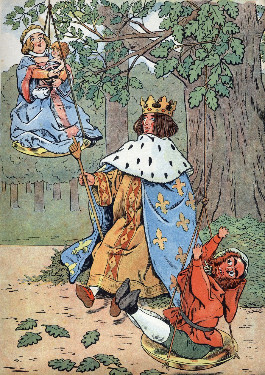 Geschichte Frankreichs. Szene aus dem Leben von Saint Louis mit Spielzeug: König Ludwig IX., bekannt als Saint Louis (1214-1270), spricht Recht unter einer Eiche. In „Joujoux à l