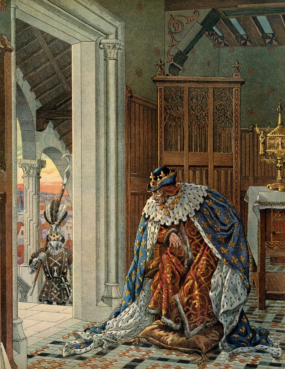Geschichte Frankreichs im Mittelalter: Der König von Frankreich Ludwig XI., genannt der Kluge (1423-1483), hat Angst vor dem Tod und kommt in Rüstung an die Tür. Illustration von Jacques Marie Gaston Onfray de Breville, genannt JOB (1858-1931) von pseudonym for Onfray de Breville Jacques Job
