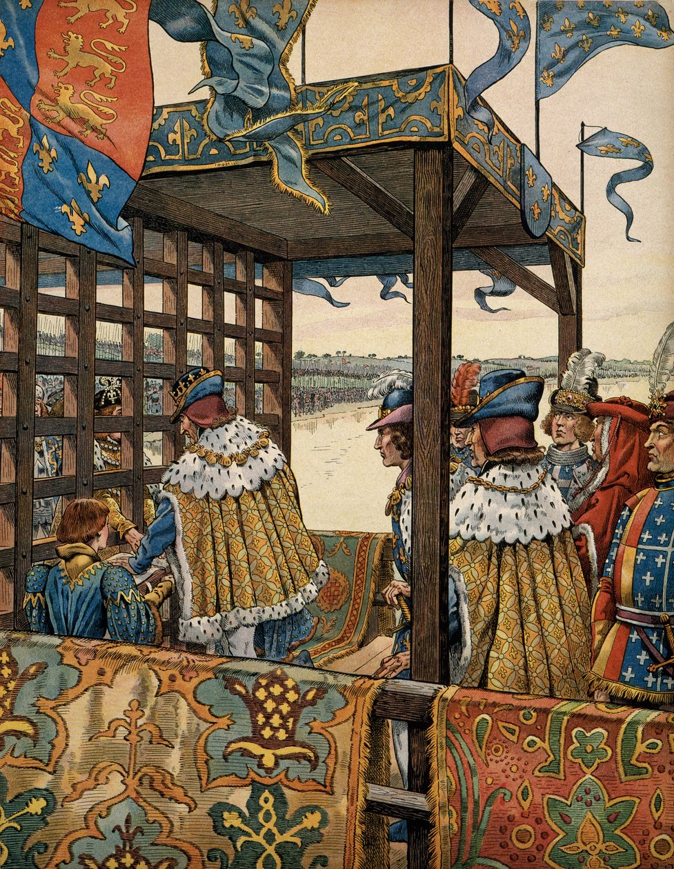 Geschichte Frankreichs im Mittelalter: Treffen zwischen dem König von Frankreich Ludwig XI., genannt der Kluge (1423-1483), und Eduard IV. von England (1442-1483) in Picquigny zur Unterzeichnung eines siebenjährigen Waffenstillstands am 29. August von pseudonym for Onfray de Breville Jacques Job