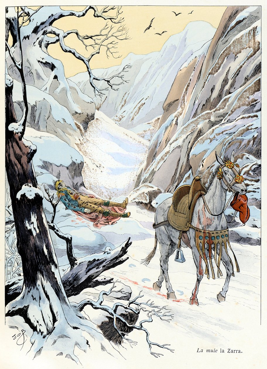 Illustration aus dem Buch „A la gloire des betes“ Text von A. Fabre, Zeichnungen von Jacques Marie Gaston Onfray de Breville dit JOB (1858-1931), Verlag Maison Alfred Mame und Sohn: La mule 
