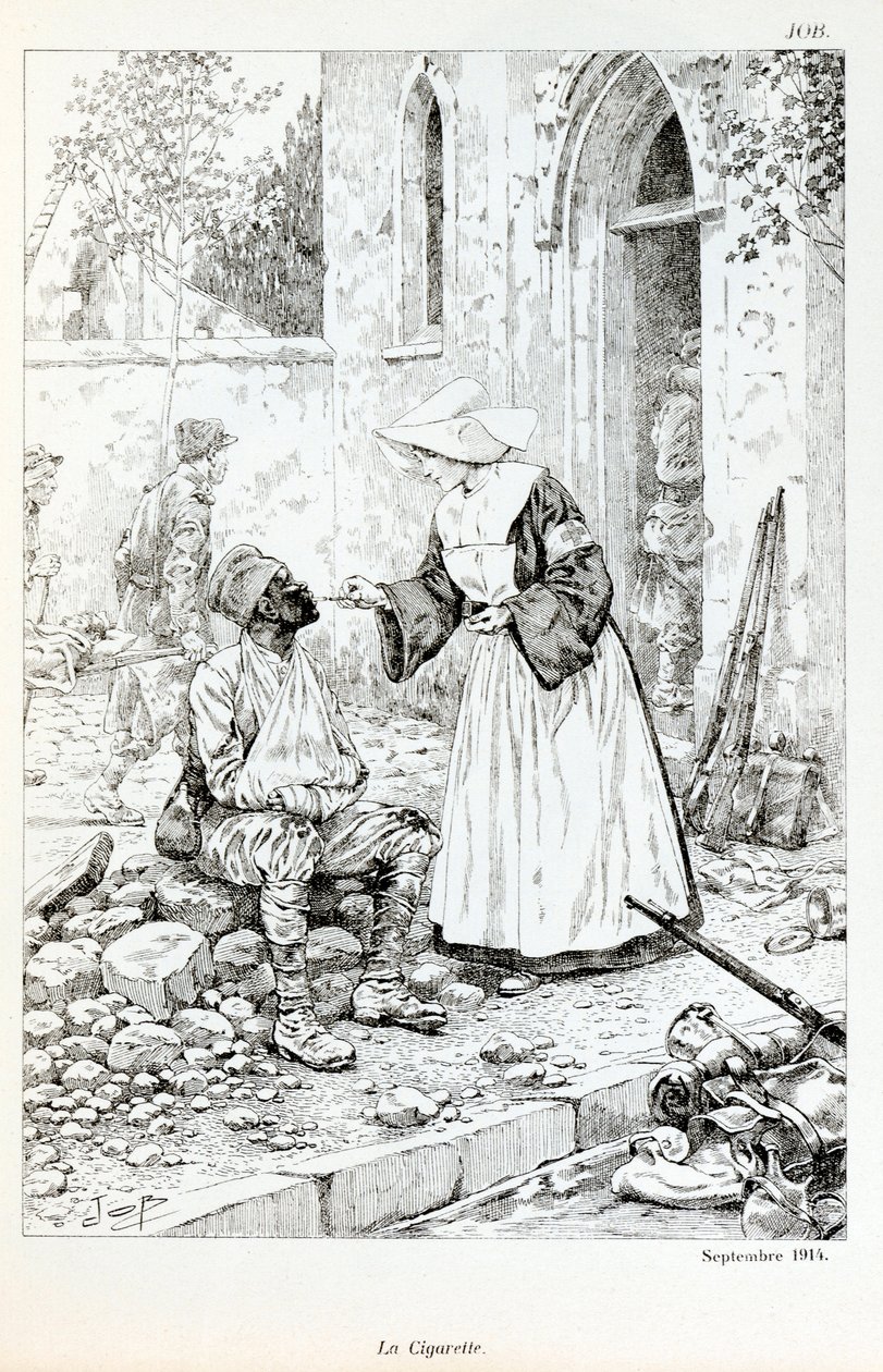 Illustration aus dem Buch „La Grande Guerre par les artistes“: „La cigarette septembre 1914“ - Ein Geistlicher gibt einem verwundeten Soldaten eine Zigarette. Von Jacques Marie Gaston Onfray de Breville dit JOB (1858-1931), Private Sammlung von pseudonym for Onfray de Breville Jacques Job
