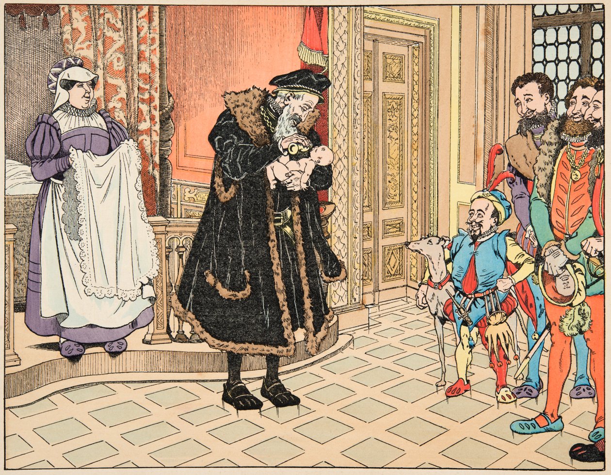 Illustration aus dem Buch „Le bon roy Henri“, illustriert von Jacques Marie Gaston Onfray de Breville dit JOB (1858-1931): Geburt von Henri IV, sein Großvater Henri d