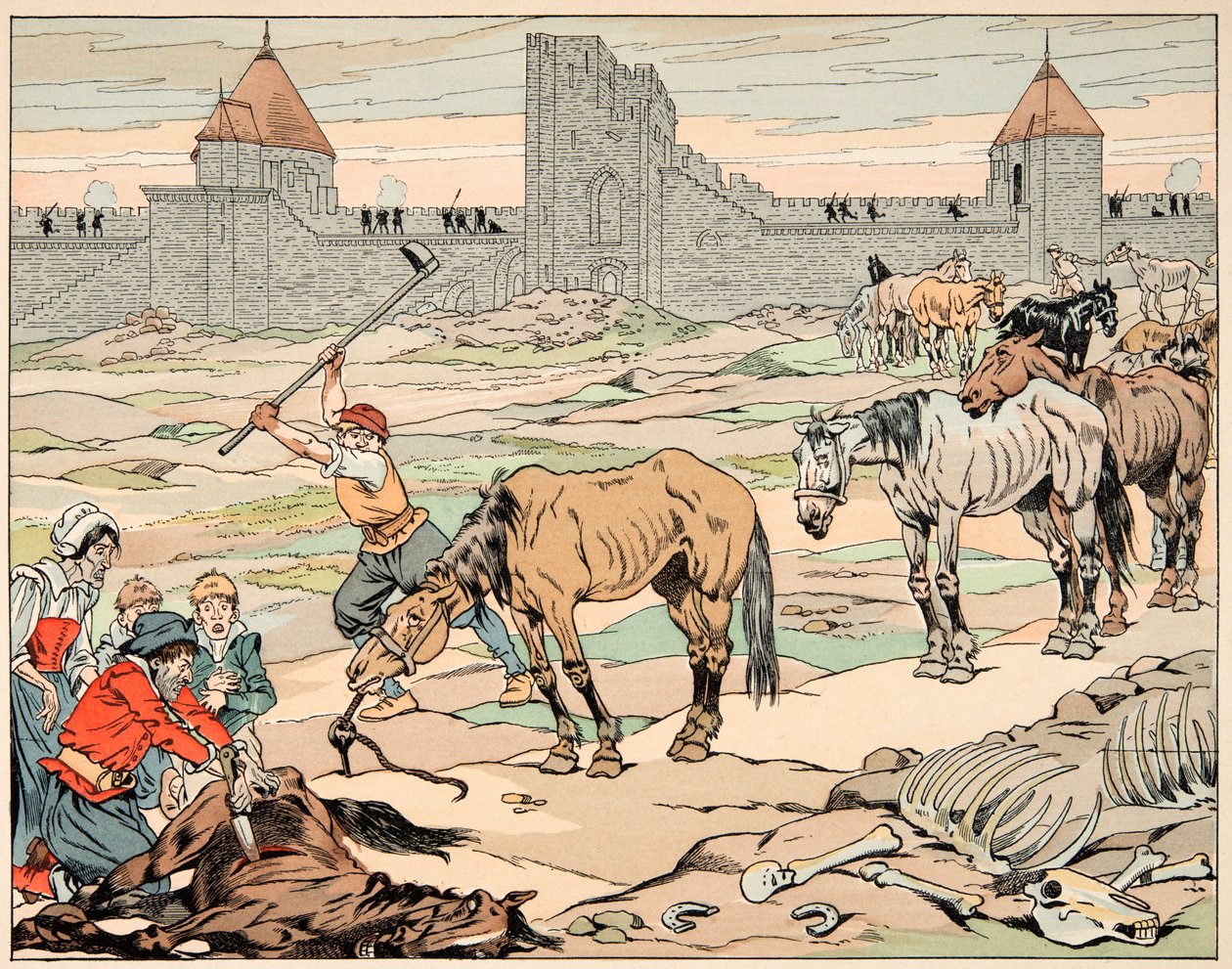 Illustration aus dem Buch „Le bon roy Henri“, illustriert von Job: Die Pariser schlachten ihre Pferde aus Hunger von pseudonym for Onfray de Breville Jacques Job