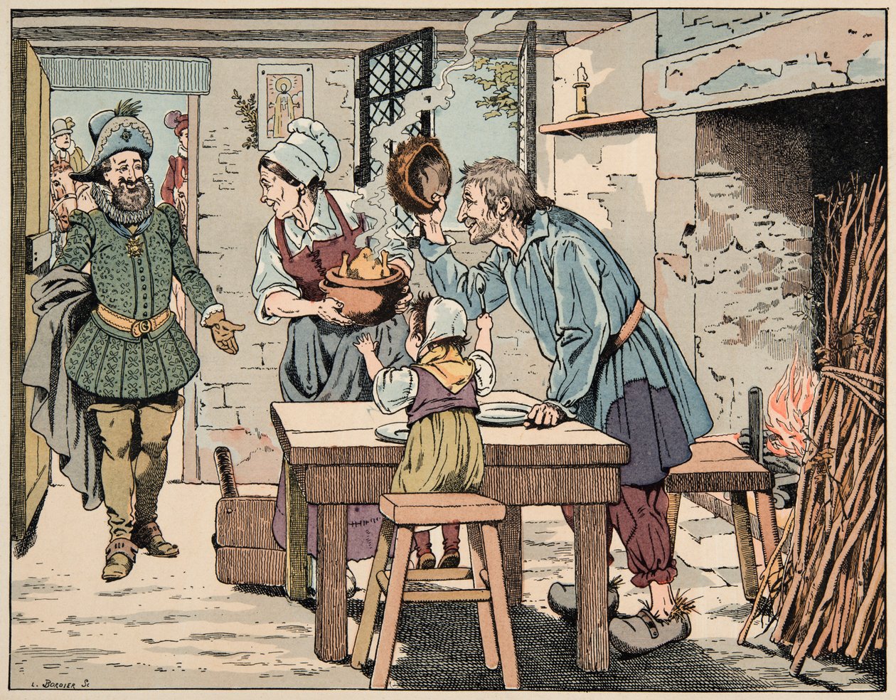Illustration aus dem Buch „Le bon roy Henri“, illustriert von Jacques Marie Gaston Onfray de Breville dit JOB (1858-1931): Henri IV bei den Bauern, um das Huhn im Topf zu essen von pseudonym for Onfray de Breville Jacques Job