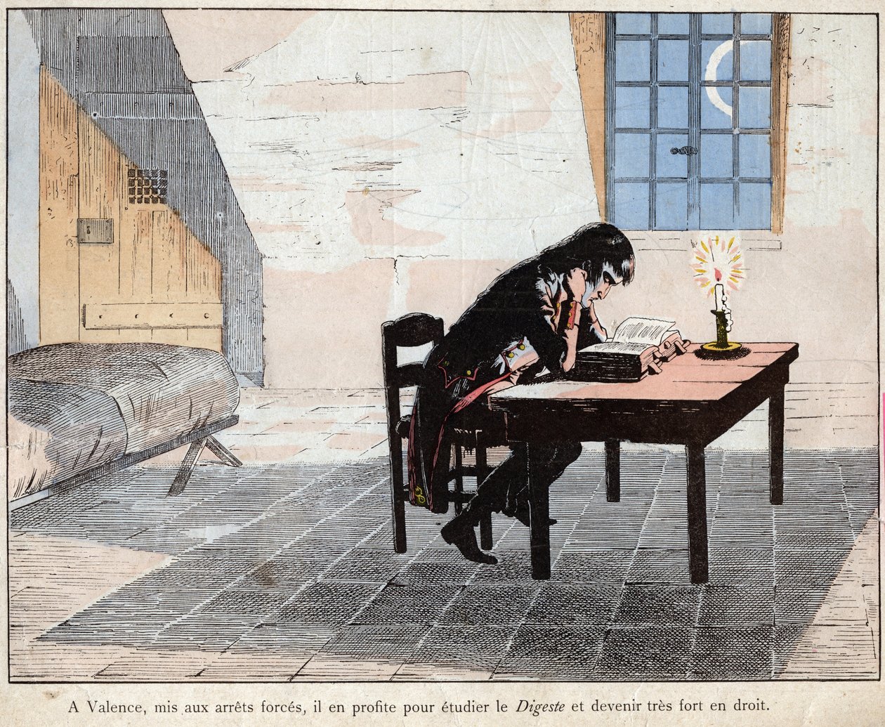 In Valencia (Gefängnis) nutzt Napoleon die Gelegenheit, das Digest zu studieren und sich im Recht zu stärken - Lithographie von Job (Jacques Onfroy de Breville) aus Le Grand Napoleon des Petites Enfants von pseudonym for Onfray de Breville Jacques Job