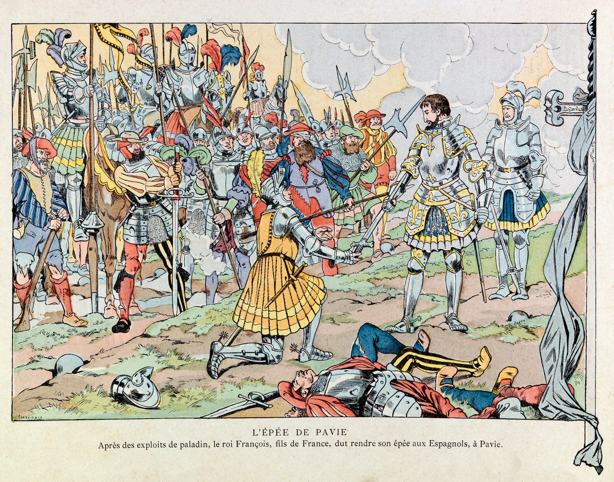 Illustration aus dem Buch „Les épées de France“: König Franz I. übergibt sein Schwert nach der Niederlage von Pavia am 24. Februar den Spaniern von pseudonym for Onfray de Breville Jacques Job
