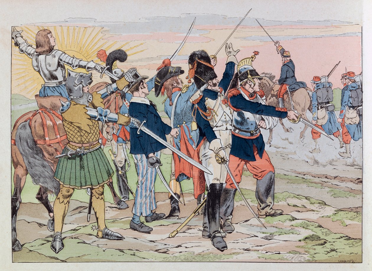 Jacques Marie Gaston Onfray de Breville dit JOB (1858-1931); Illustration aus dem Buch „Les épées de France“: Allegorie der Ruhm Frankreichs für die Soldaten von 1914; Privatsammlung von pseudonym for Onfray de Breville Jacques Job