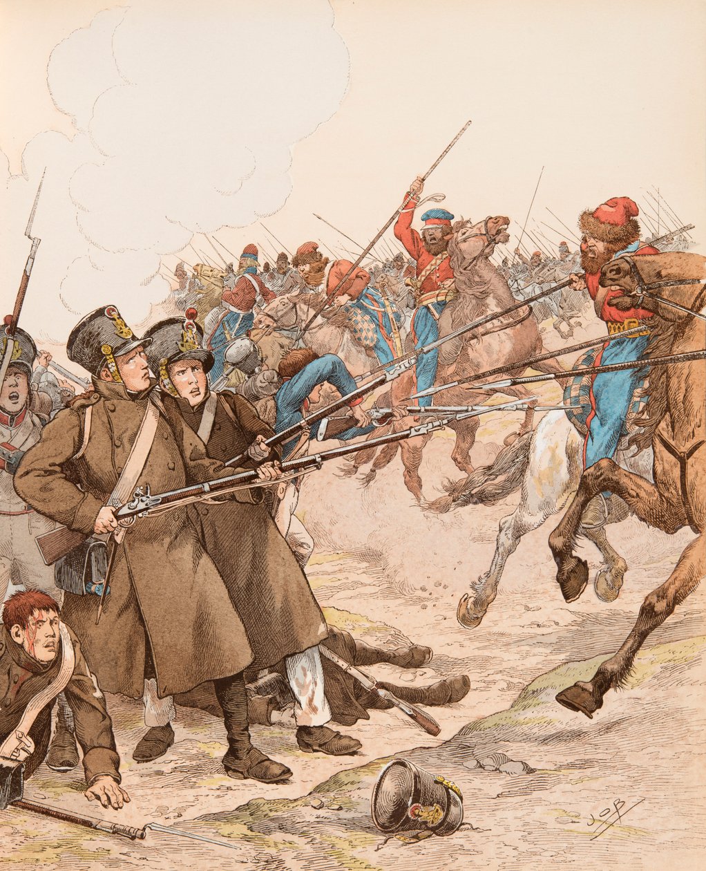 Französische Militärs während der Napoleonischen Feldzüge, genannt Marie Louise, 1815 im Kampf gegen die Kosaken, Privatsammlung von pseudonym for Onfray de Breville Jacques Job