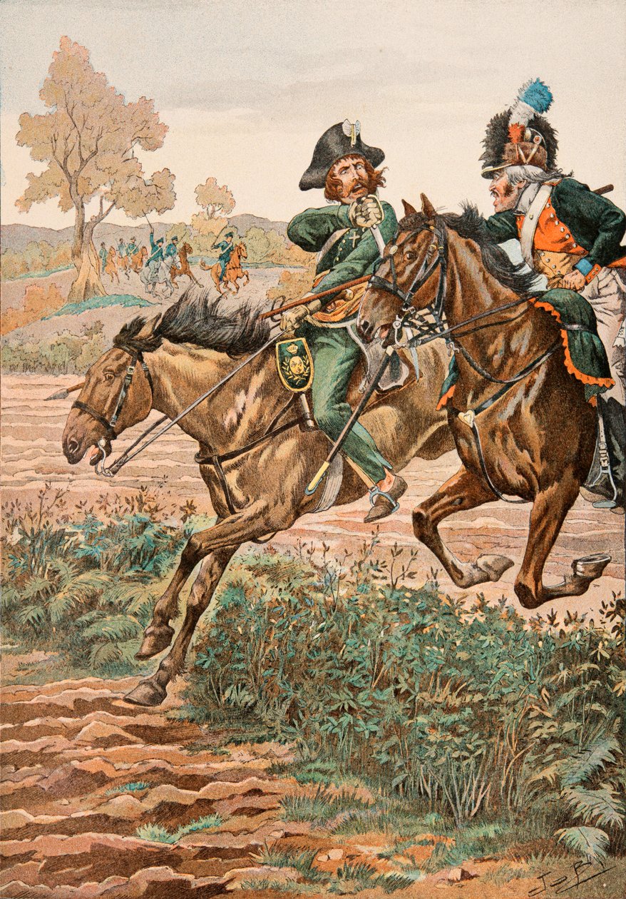 Jacques Marie Gaston Onfroy de Breville dit JOB (1858-1931) - Uniformen der französischen Truppen zu allen Zeiten: Kavallerist der Vendée und Piqueur (oder Piconnier) auf dem Pferd der Germanischen Legion (1793), Privatsammlung von pseudonym for Onfray de Breville Jacques Job