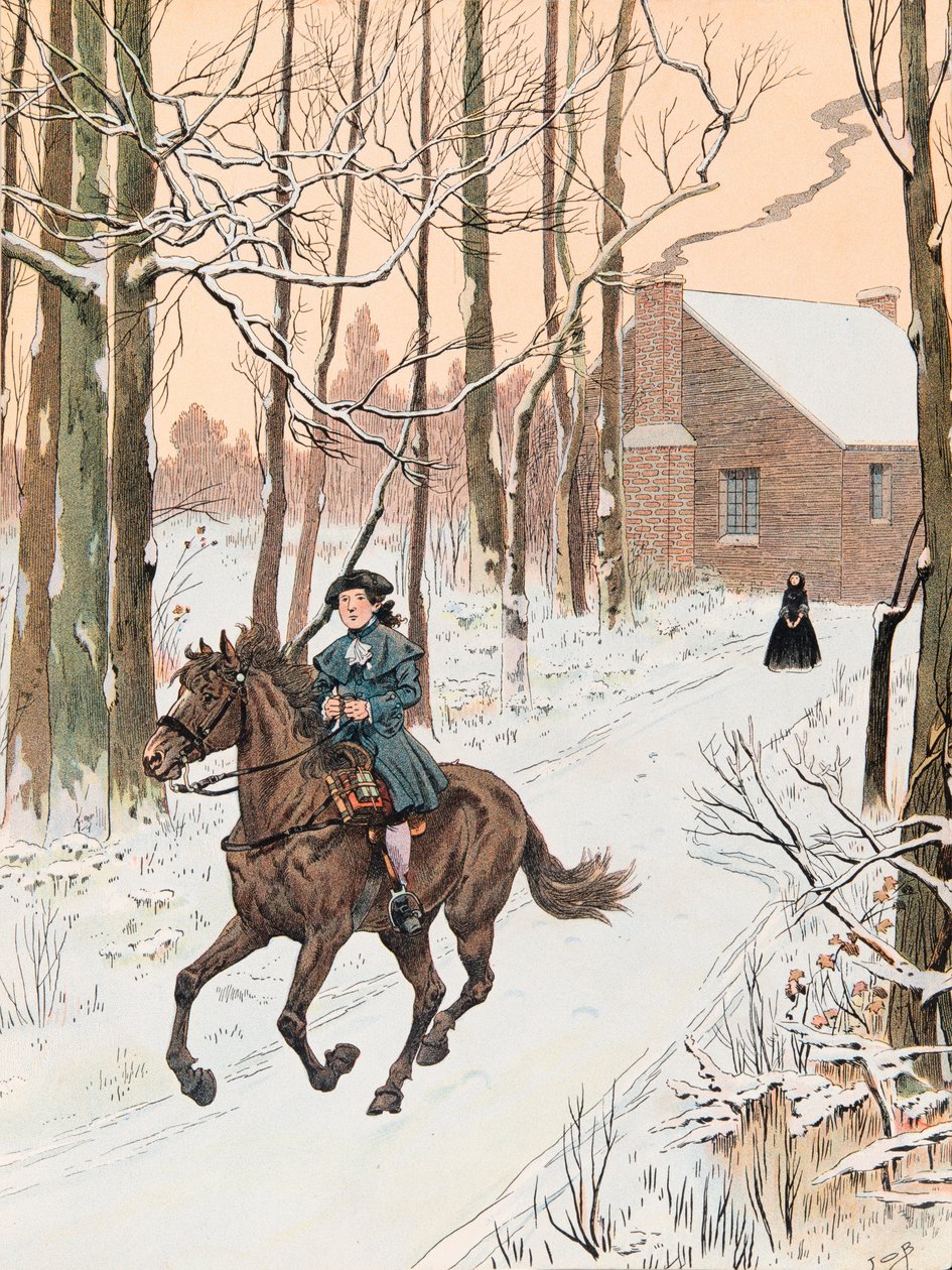 Illustration: Der junge George Washington verließ 1740 das Elternhaus für die Old Field School von pseudonym for Onfray de Breville Jacques Job