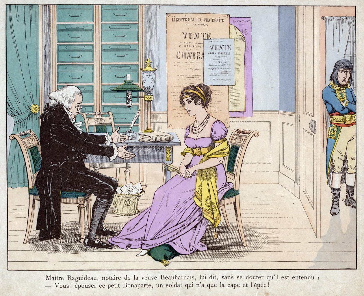 Josephine und der Notar - Maitre Raguideau, Notar der Witwe Beauharnais, sagte zu ihr: Heirate diesen kleinen Bonaparte - Lithographie von Job (Jacques Onfroy de Breville) aus Le Grand Napoleon des Petites Enfants von pseudonym for Onfray de Breville Jacques Job