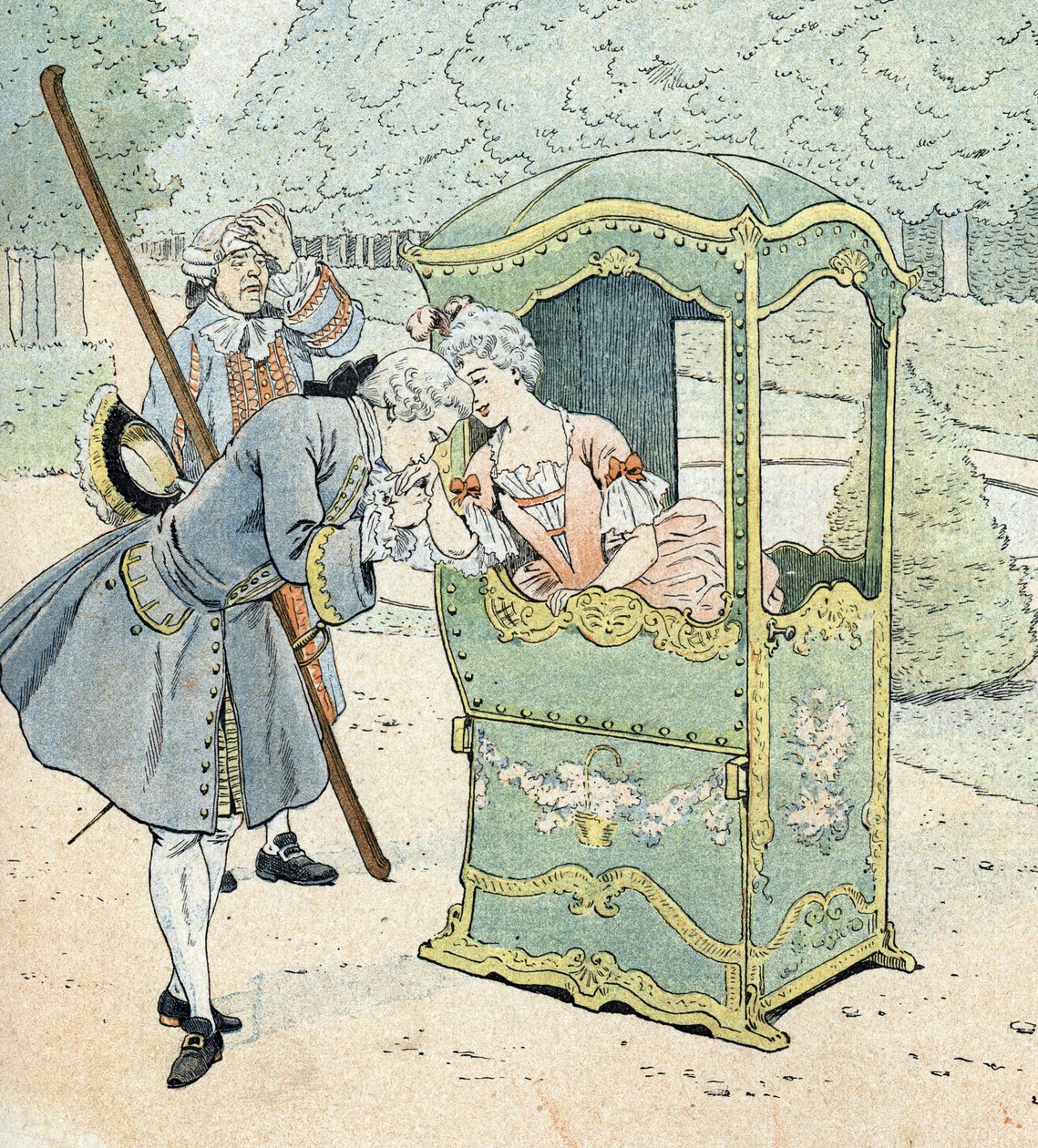 Dame des Adels im 18. Jahrhundert, in einem Stuhl mit Trägern, die den Handkuss empfangen von pseudonym for Onfray de Breville Jacques Job