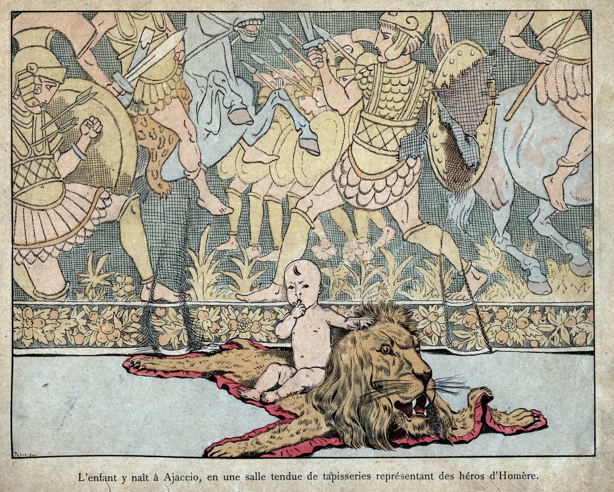 Das Kind wurde in Ajaccio 1769 geboren - Lithographie von Job (Jacques Onfroy de Breville) aus „Le Grand Napoleon des Petites Enfants“ 1893 von pseudonym for Onfray de Breville Jacques Job