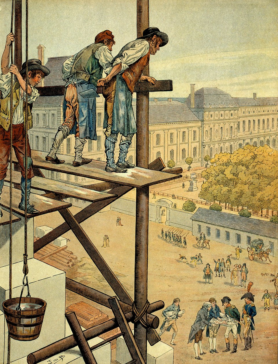 Napoleon I. Bonaparte aufmerksam gegenüber den architektonischen und städtischen Arbeiten der Verbindung zwischen dem Louvre und dem Palais des Tuilerien in Paris, die 1802 begannen von pseudonym for Onfray de Breville Jacques Job