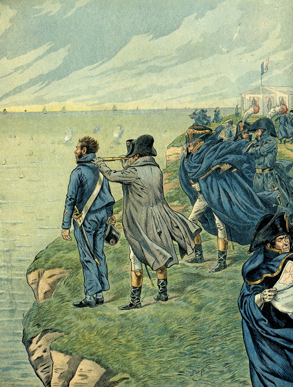 Napoleon I. Bonaparte (1769-1821) besuchte das Arsenal des Boulogne-Lagers im Juli 1804. Illustration von Jacques Marie Gaston Onfray de Breville, genannt JOB. Private Sammlung von pseudonym for Onfray de Breville Jacques Job