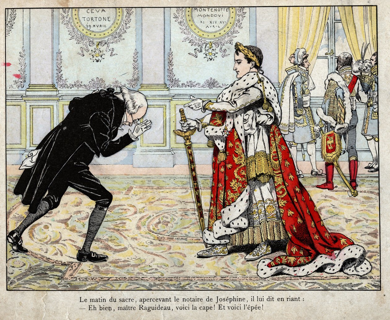 Napoleon und Notar Raguideau, Morgen der Krönung 1804 - Lithografie von Job (Jacques Onfroy de Bréville) aus „Le Grand Napoléon des Petites Enfants“ 1893. von pseudonym for Onfray de Breville Jacques Job
