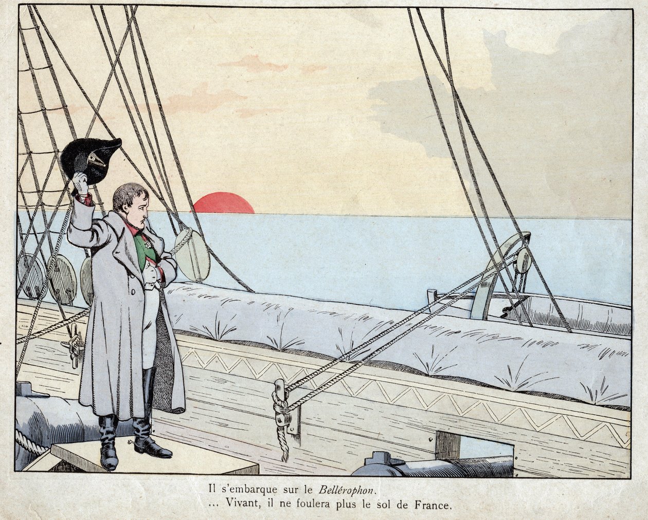 Napoleon an Bord der HMS Bellerophon 1815 - Lithographie von Job aus „Le Grand Napoleon des Petites Enfants“ 1893 von pseudonym for Onfray de Breville Jacques Job