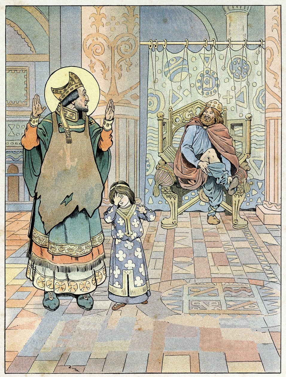 Saint Eloi (ca. 588-659) weist den König von Frankreich Dagobert I (602 oder 605-638 oder 639) darauf hin, dass seine Hose verkehrt herum angezogen ist (Unterhose verkehrt herum). in „Frankreich, seine Geschichte erzählt von G. Montorgueil, illustriert von von pseudonym for Onfray de Breville Jacques Job