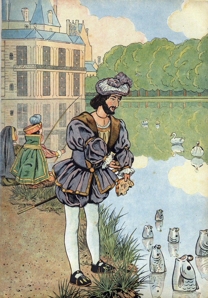 Szene aus der Geschichte Frankreichs mit Spielzeug: König von Frankreich Franz I. (1494-1547) gibt Brot an die Fische im Park von Fontainebleau. In „Joujoux à l