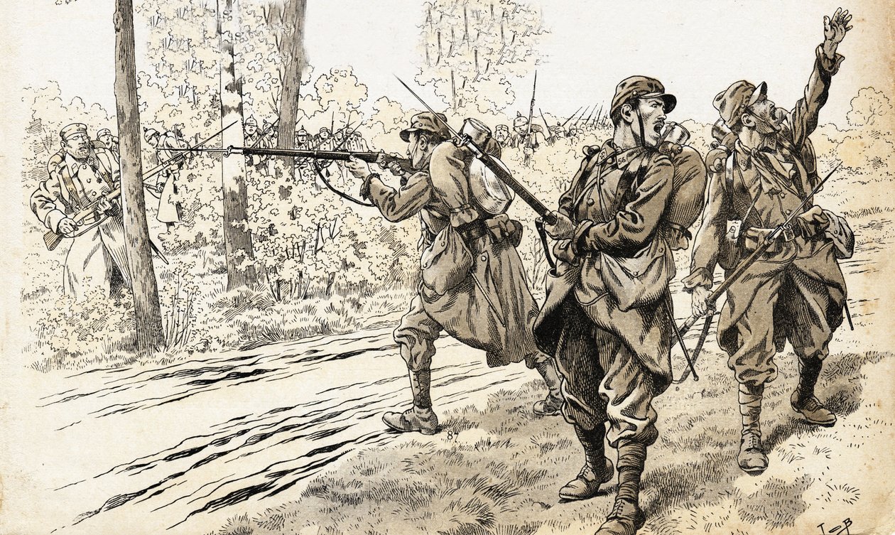 Erschießt sie! Französische Soldaten des Krieges 1914-1918 auf Patrouille, um die Stärke und genaue Lage des Feindes zu erkennen. Nachdem sie die deutschen Truppen gefunden hatten, gaben sie den Befehl zum Feuer, ohne sich um das Risiko zu kümmern, zwische von pseudonym for Onfray de Breville Jacques Job