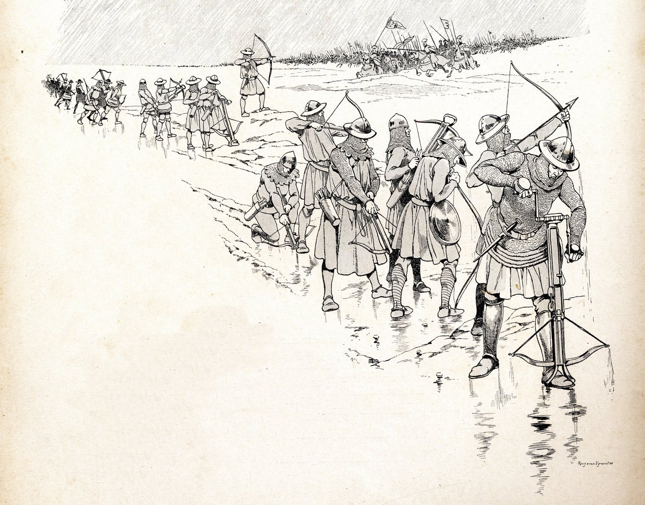 Der Regen setzt die Bogenschützen der Armee des französischen Königs Philipp VI. (1293-1350) außer Gefecht, indem er die Sehnen der Bögen während der Schlacht von Crécy im Jahr 1346 durchnässt. Illustration von Job (Jacques) von pseudonym for Onfray de Breville Jacques Job
