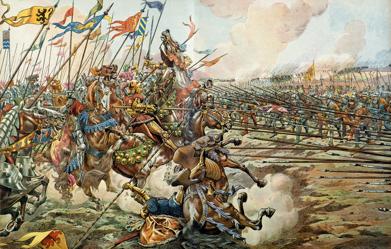 Die Schlacht von Grandson zwischen den Burgundern und den Schweizern in Grandson, Schweiz am 2. März 1476. Illustration von Jacques Marie Gaston Onfray de Breville dit JOB von pseudonym for Onfray de Breville Job