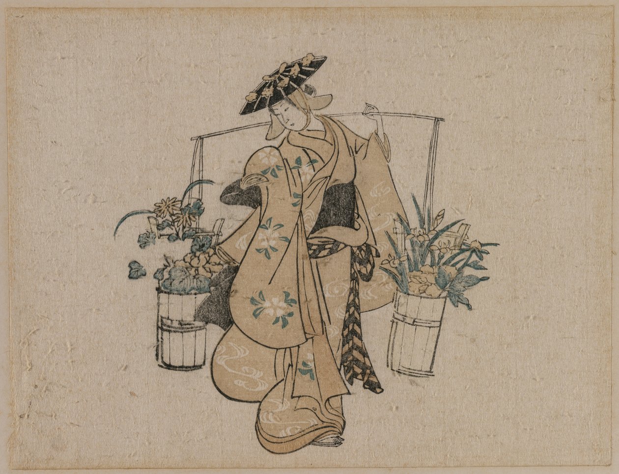 Eine Schönheit, die zwei Eimer Blumen trägt von style of Torii Kiyomasu