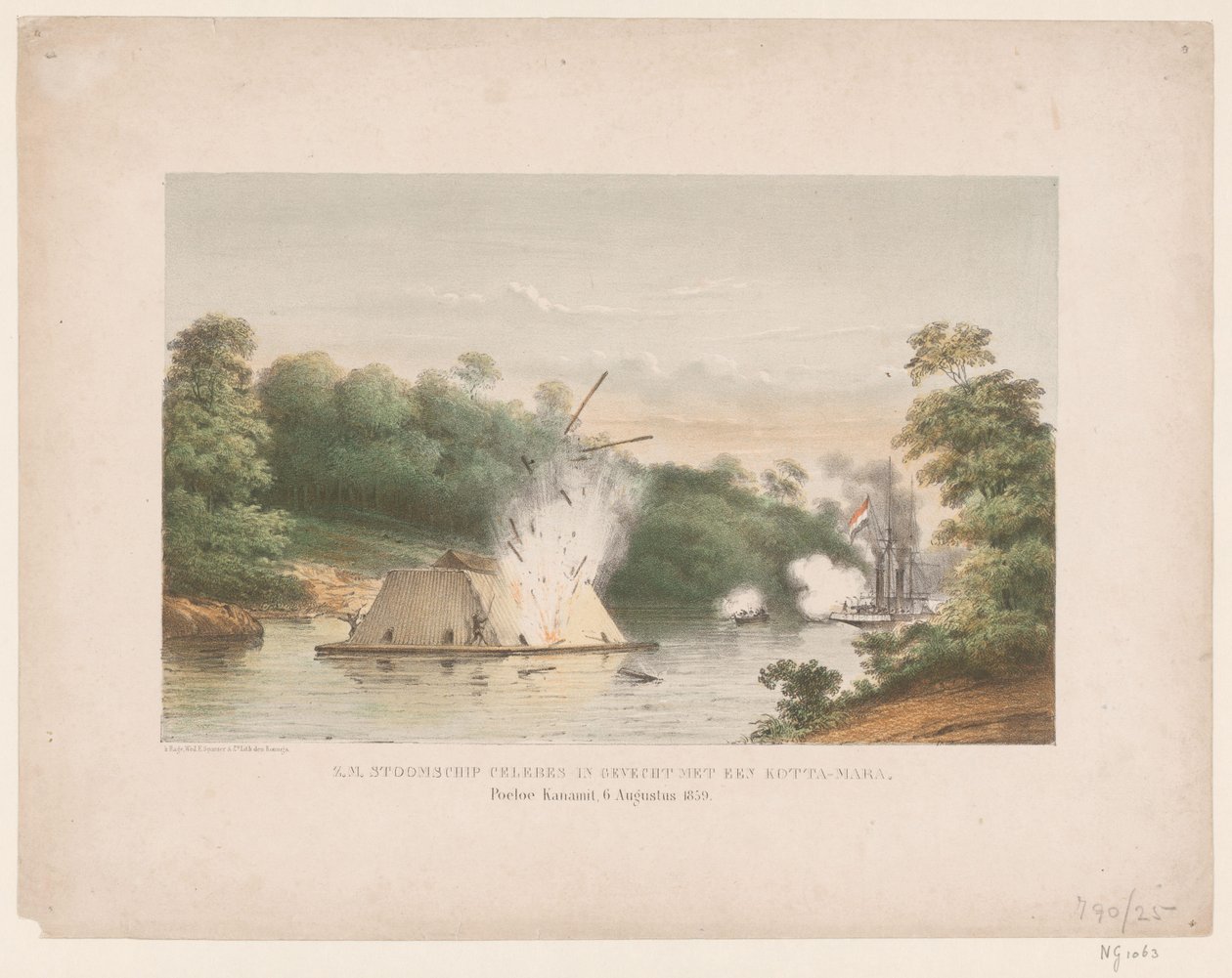 S.M. Dampfschiff Celebes im Kampf mit einer Kotta-Mara. Poeloe Kanamit, 6. August 1859 von weduwe Elias Spanier and Zn