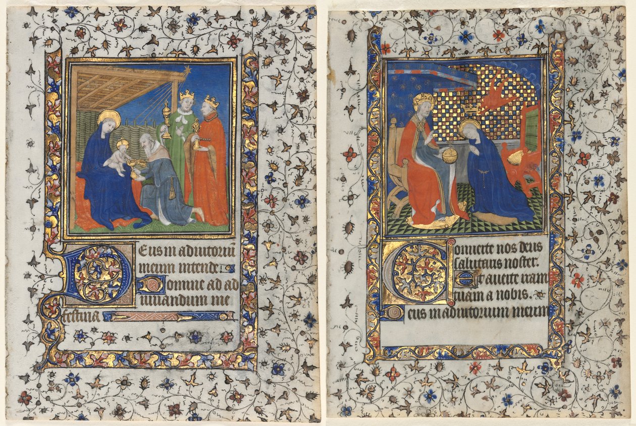 Bifolio aus einem Stundenbuch: Anbetung der Könige und Krönung der Jungfrau von workshop of Boucicaut Master