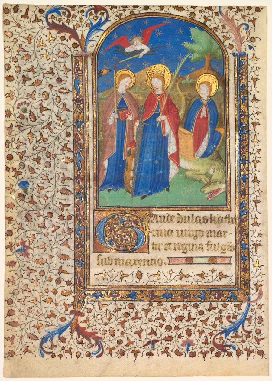 Blatt aus einem Stundenbuch: Heilige Geneviève, Katharina von Alexandria und Margareta (recto) von workshop of Boucicaut Master
