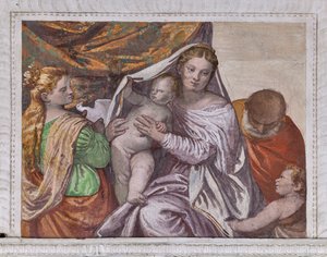 Madonna mit Jesuskind und der heiligen Katharina, die Jesus eine Taube anbietet (Detail)