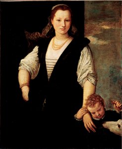 Porträt einer Frau mit einem Kind und einem Hund (die Kinder von Francesco Bevilacqua?) von Veronese